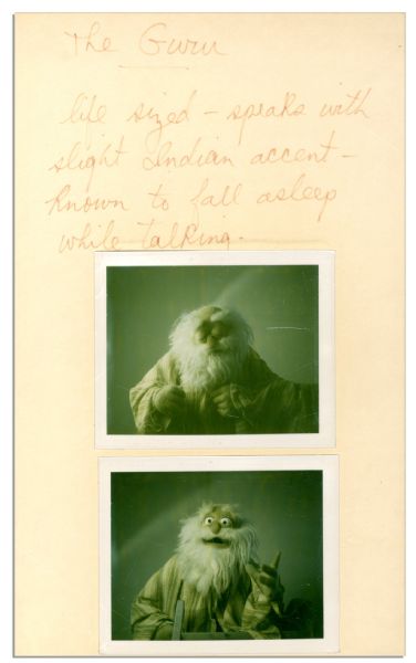 Jim Henson Handwritten Character Description of Pilot Muppet Character Brewster ''The Guru'' -- With Polaroid Photos of The Prototype