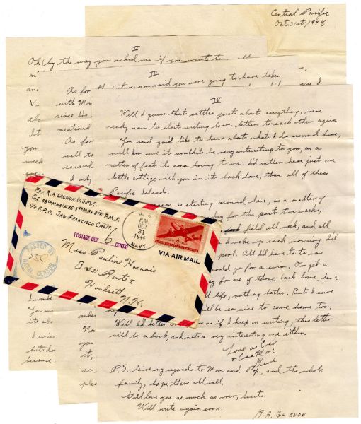 Rene Gagnon Autograph Letter Signed 5 Times From The Central Pacific in October 1944 -- ''...pup tents, when I woke up each morning I'd have an indoor swimming pool...I sure hope it ends soon...''