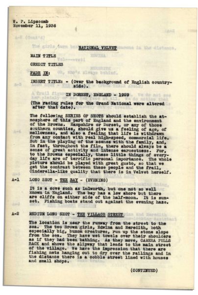 Rare Early Screenplay of Elizabeth Taylor's Classic ''National Velvet'' -- 1936 Script by David O. Selznick's Company