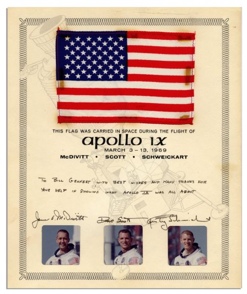 Apollo 9 American Flag Flown in Space -- With Certificate Signed by Crew Members Dave Scott, James A. McDivitt and Rusty Schweickart