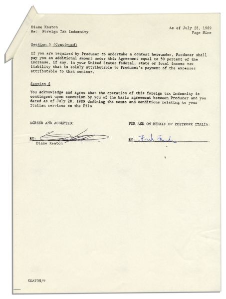 Diane Keaton Document Signed -- Pertaining to Her Work in ''The Godfather Part III'' in Italy