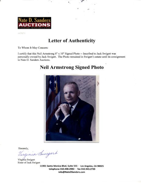 Neil Armstrong 8'' x 10'' Signed Photo -- Inscribed to Jack Swigert