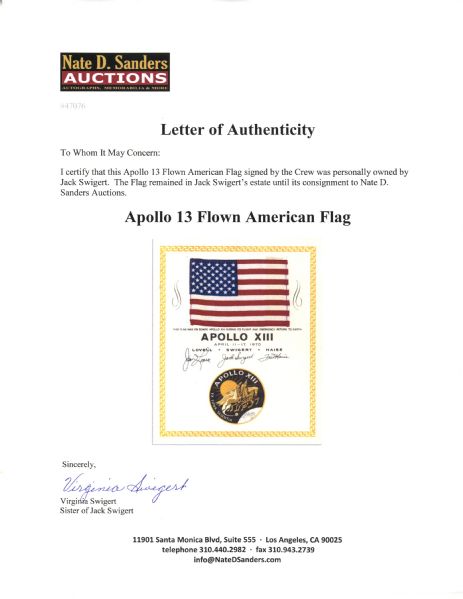 Apollo 13 American Flag Space-Flown -- Affixed to a NASA Certificate Signed By Each Astronaut -- ''This flag was on board Apollo XIII during its flight and Emergency Return to Earth.''