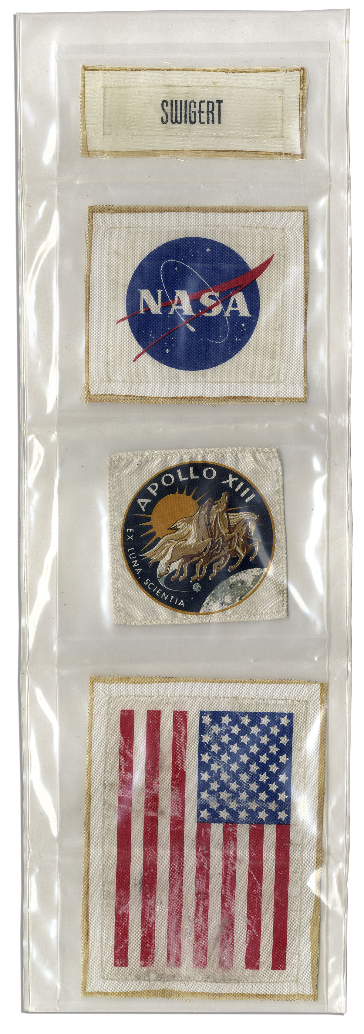Flown Apollo 13 Space Suit Patch Very Scarce Collection of Four Jack Swigert Flown Apollo 13 Space Suit Patches