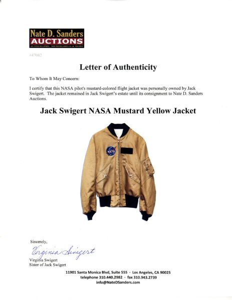 Apollo 13 Astronaut Jack Swigert Personally Owned NASA Mustard Yellow Jacket, Used as He Trained for the Apollo 13 Mission in 1970