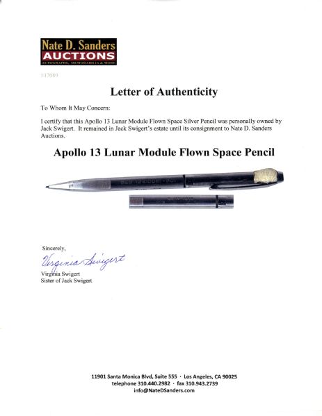 Apollo 13 Lunar Module Flown Space Silver Pencil Owned By Jack Swigert