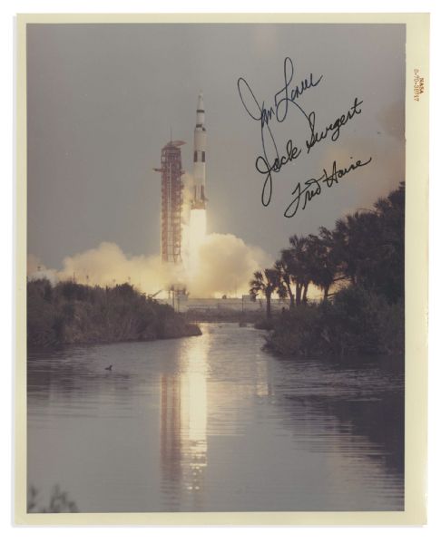 Jack Swigert's Personally Owned Apollo 13 Launch Original 8'' x 10'' NASA Photo -- Signed by Lovell, Swigert & Haise