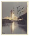 Jack Swigerts Personally Owned Apollo 13 Launch Original 8 x 10 NASA Photo -- Signed by Lovell, Swigert & Haise