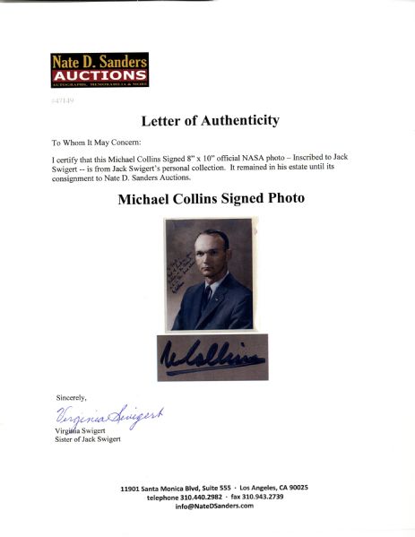 Apollo 11 Astronaut Michael Collins Signed Photo -- Inscribed to Jack Swigert From Swigert's Own Estate -- ''...Best of luck in your Future, on the Ground and in the Space above...''