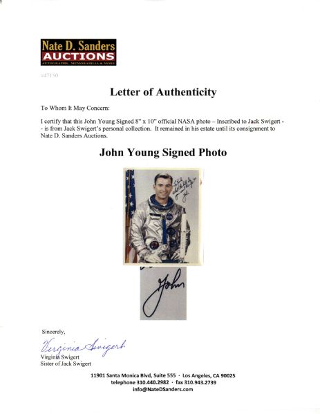 Apollo 16 Astronaut John Young 8'' x 10'' Signed Photo -- Inscribed to Jack Swigert
