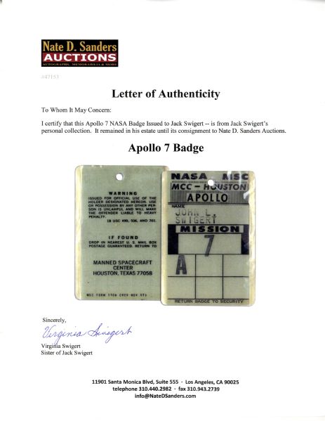 Apollo 7 Badge Issued to Jack Swigert -- From His Personal Collection