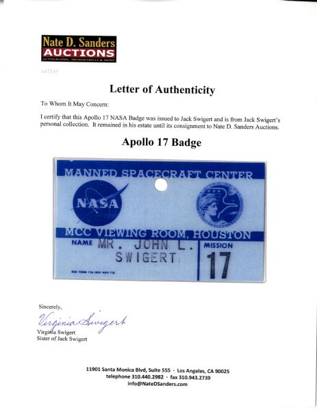 Jack Swigert's Apollo 17 Badge Issued by NASA -- Fine