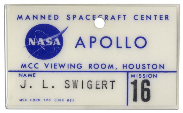 Jack Swigert's Apollo 16 Badge Issued by NASA -- Fine