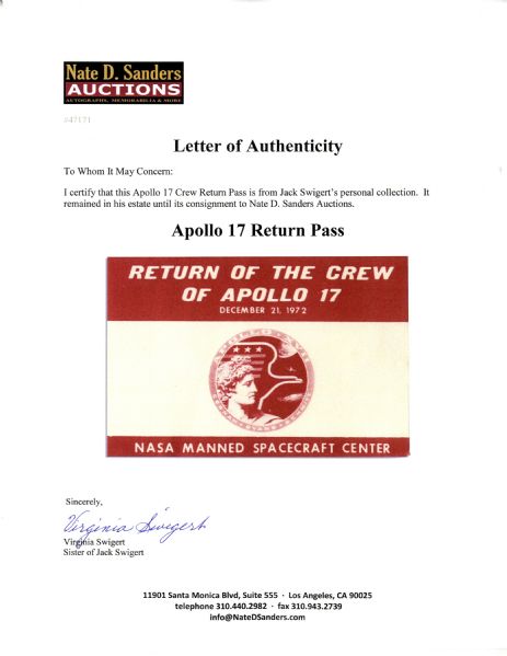 Jack Swigert's Personally Owned Pass From The Return of The Apollo 17 Crew