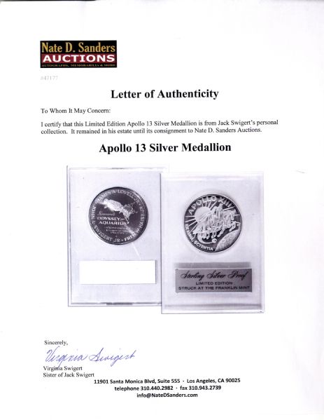 Jack Swigert's Personally Owned Apollo 13 Medallion Issued by the Franklin Mint -- Limited Edition Sterling Silver Proof Coin From Command Module Pilot Jack Swigert's Personal Collection