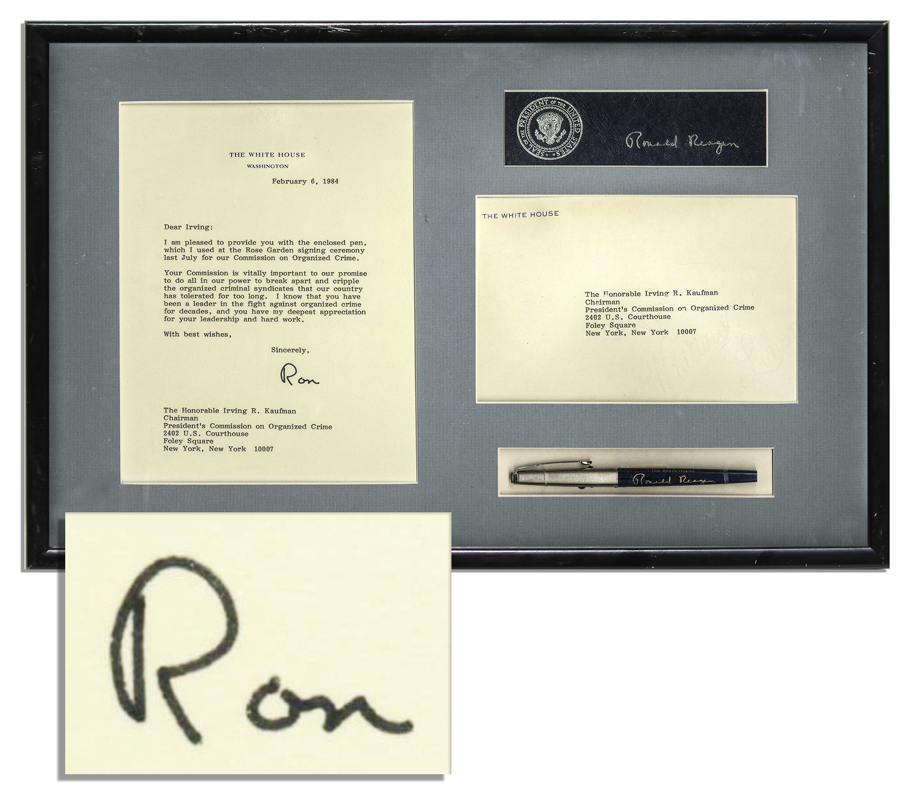 White House Pen Ronald Reagan Personally Owned & Used Pen -- Used to Sign the President's Commission on Organized Crime Important Executive Order