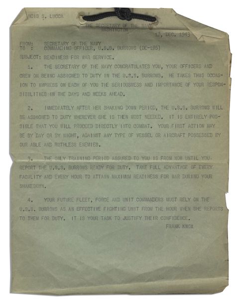 World War II Internal Correspondence Documents From The US Navy -- From The Radio Man Onboard Destroyer Escort Ship USS Burrows (DE-105)