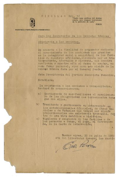 First Lady of Argentina Eva Peron Typed 1950 Circular Signed