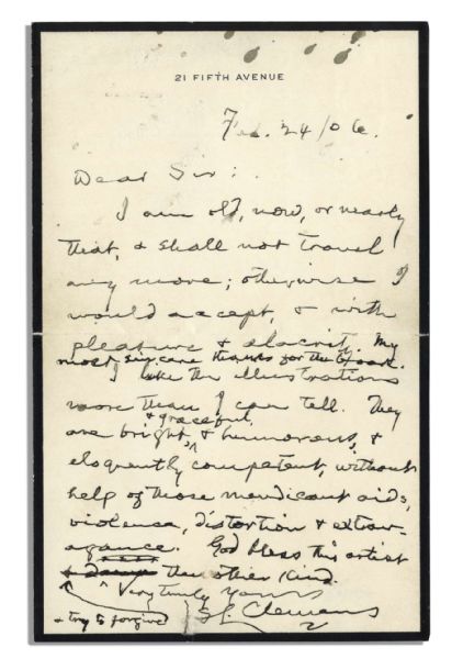 Mark Twain Autograph Letter Signed ''S.L. Clemens'' -- ''I am old, now, or nearly that, & shall not travel anymore...''