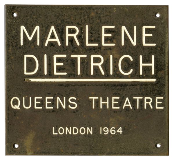 Marlene Dietrich Personally Owned Queens Theatre Plaque From Her Dressing Room
