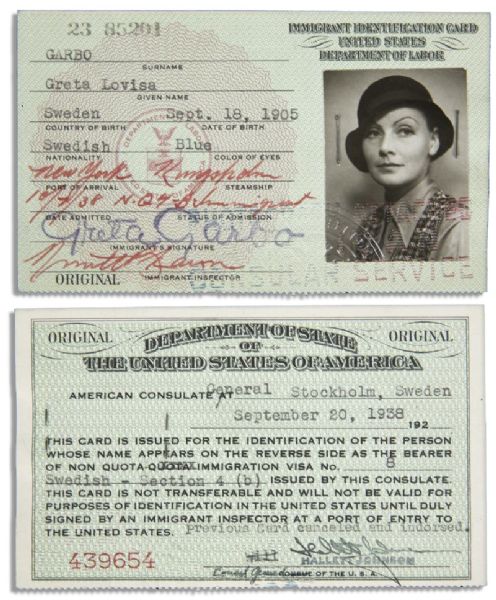 Greta Garbo's United States Immigrant ID Card -- Signed & With Her Photo From 1938