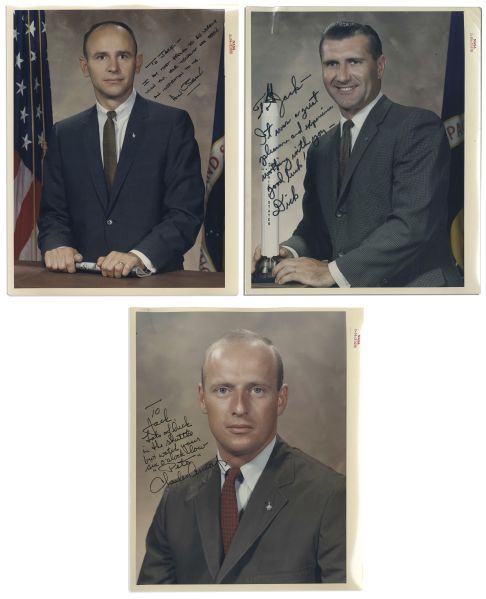 Apollo 12 Astronaut 8'' x 10'' Photos Signed -- Richard Gordon, Pete Conrad, Alan L. Bean -- All 3 Photos Are Dedicated to Apollo 13 Pilot Jack Swigert, From His Personal Collection