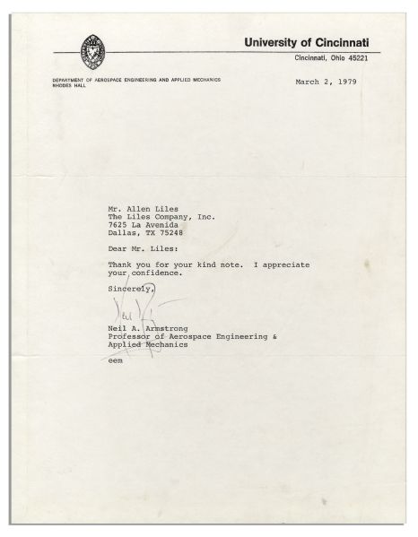 Neil Armstrong Typed Letter Signed -- ''...I appreciate your confidence...''