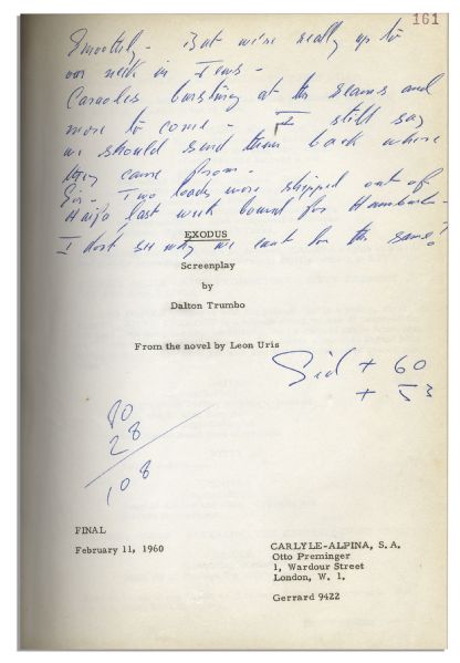 ''Rat Pack'' Luminary Peter Lawford Original ''Exodus'' Script -- Featuring the Actor's Name Inscribed to Cover
