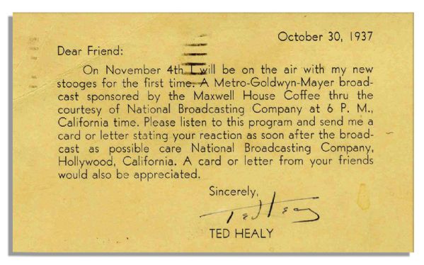 Ted Healy Signed Postcard -- 1937 -- ''...I will be on the air with my new Stooges for the first time...''