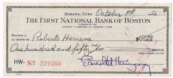 Ernest Hemingway Check Signed
