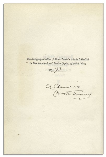 Samuel Clemens Twice-Signed Edition of ''The Writings of Mark Twain'' -- Signed as Both ''Samuel Clemens'' and ''Mark Twain'' in Volume 1 of a 25 Volume Set