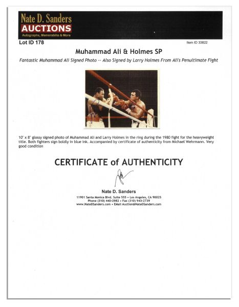 Fantastic Muhammad Ali Signed 10'' x 8'' Photo -- Also Signed by Larry Holmes From Ali's Penultimate Fight
