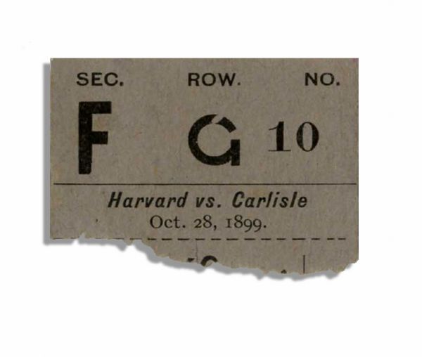 Rare 1899 Ticket Stub From a Harvard vs. Carlisle Football Game -- The First Year Carlisle Was Coached by ''Pop'' Warner