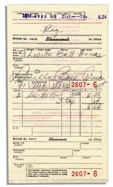 1956 Lucille Ball Receipt Signed -- During the ''I Love Lucy'' Years