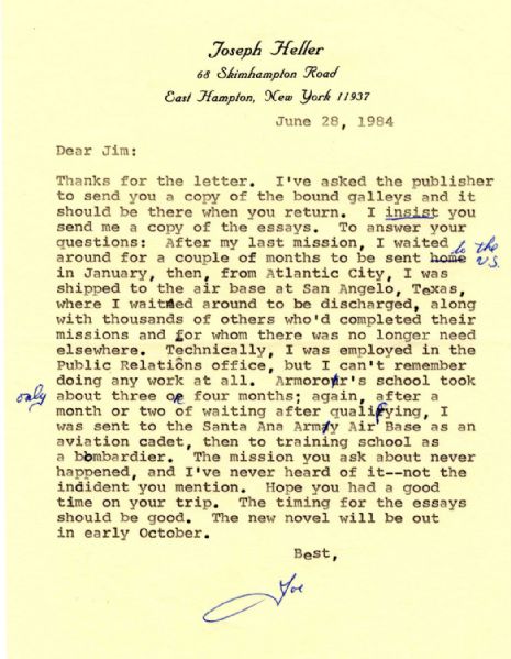 Joseph Heller Typed Letter Signed:  ''The mission you ask about never happened''