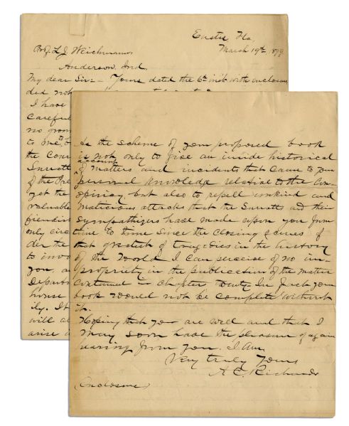 Lincoln Assassination Letter -- From Policeman Who Hunted Conspirators -- ''...you, an officer of the government...were a boarder in the Surratt house and on intimate terms with that family...''