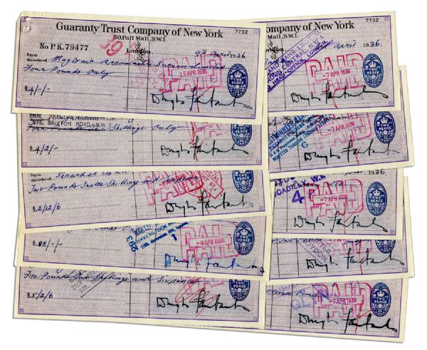 Douglas Fairbanks, Sr. Lot of 10 Signed Checks & Bank Correspondence From 1936