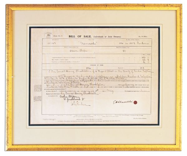 Ernest Shackleton Signed Bill of Sale for the Nimrod -- the Ship That Successfully Took Him to the Antarctic