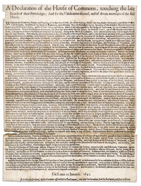 1641 Broadside Regarding King Charles I's Attempted Arrest of 5 Members of the House of Commons -- The Incident That Precipitated English Civil War