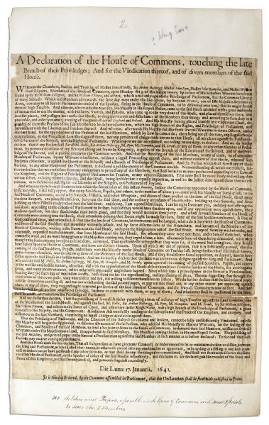 1641 Broadside Regarding King Charles I's Attempted Arrest of 5 Members of the House of Commons -- The Incident That Precipitated English Civil War