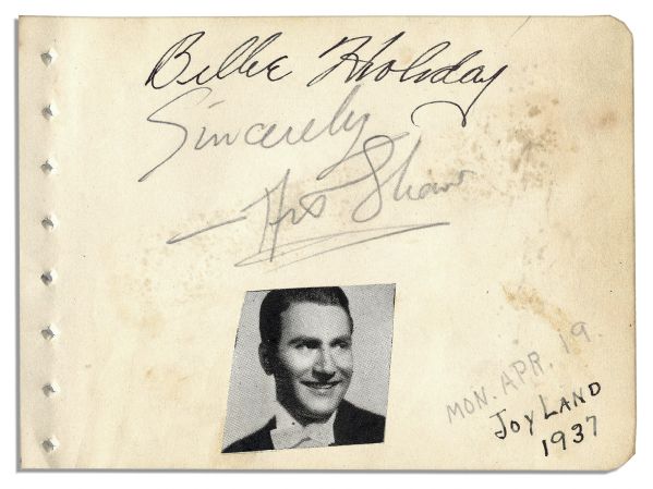 Rare 1930's Jazz Legends Autographs -- ''Lady Day'' Billie Holiday & ''King of the Clarinet'' Artie Shaw -- With JSA COA