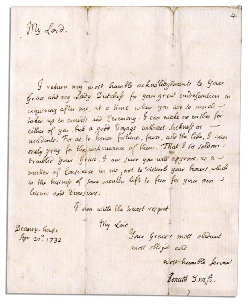 Jonathan Swift Autograph Letter Signed -- ''...I can make no wishes for either of you, but a good Voyage without sickness or accidents...'' -- Shortly After He Penned His Own Obituary