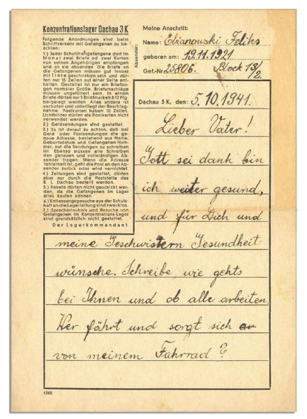 1941 Dachau Concentration Camp Prisoner Letter -- ''...Dear father, thank God I am still healthy...''