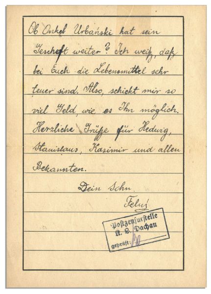 1941 Dachau Concentration Camp Prisoner Letter -- ''...Dear father, thank God I am still healthy...''
