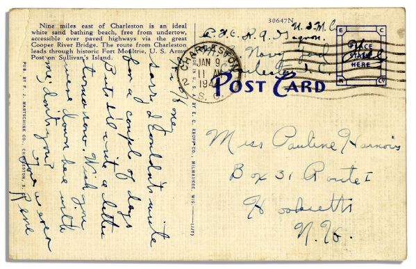 WWII Hero Rene Gagnon Autograph Postcard Signed -- ''...Wish you were down here with me...''