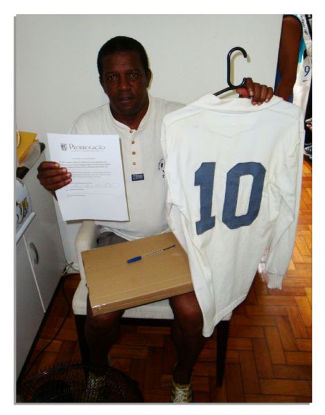 Pele Original 1960's Santos Jersey -- Worn by the Top Scorer in Soccer Named ''Athlete of the Century'' -- With COA from Brazil World Cup Teammate & Winner, Marco Antonio