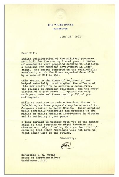 Richard Nixon Letter Signed as President Regarding Vietnam -- ''...this Administration to achieve a cease-fire, the release of American prisoners, and the negotiation of a just peace...''