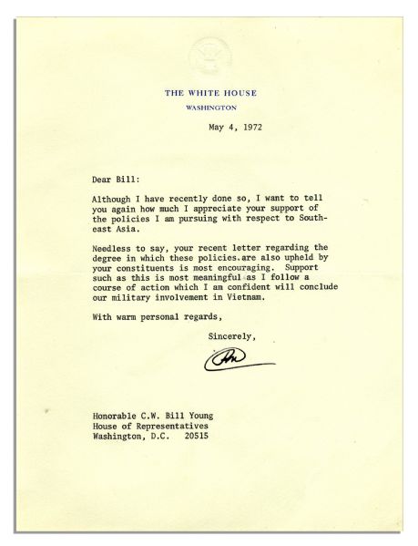 As President, Richard Nixon 1972 Letter Signed Regarding Vietnam -- ''...a course of action which I am confident will conclude our military involvement in Vietnam...''