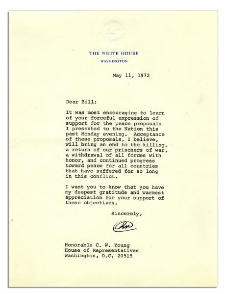 President Nixon 1972 Letter Signed Regarding Vietnam -- ''...these proposals...will bring an end to the killing, a return of our prisoners of war, a withdrawal of all forces with honor...''