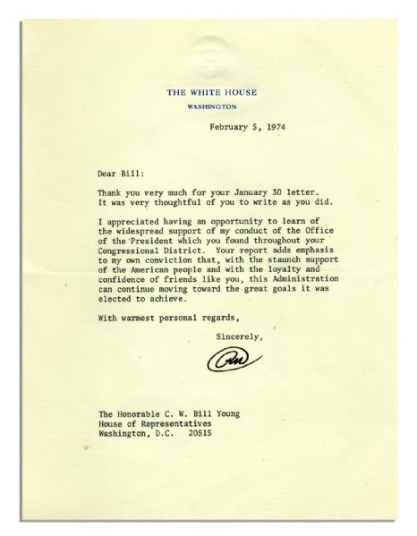 Richard Nixon Letter Signed as President in February 1974, the Thick of Watergate -- ''...I appreciated...to learn of the widespread support of my conduct of the Office of the President...''